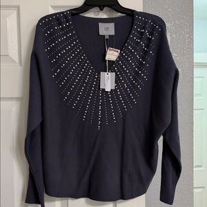 Women's Gray V-Neck Sweater with Stud Accents